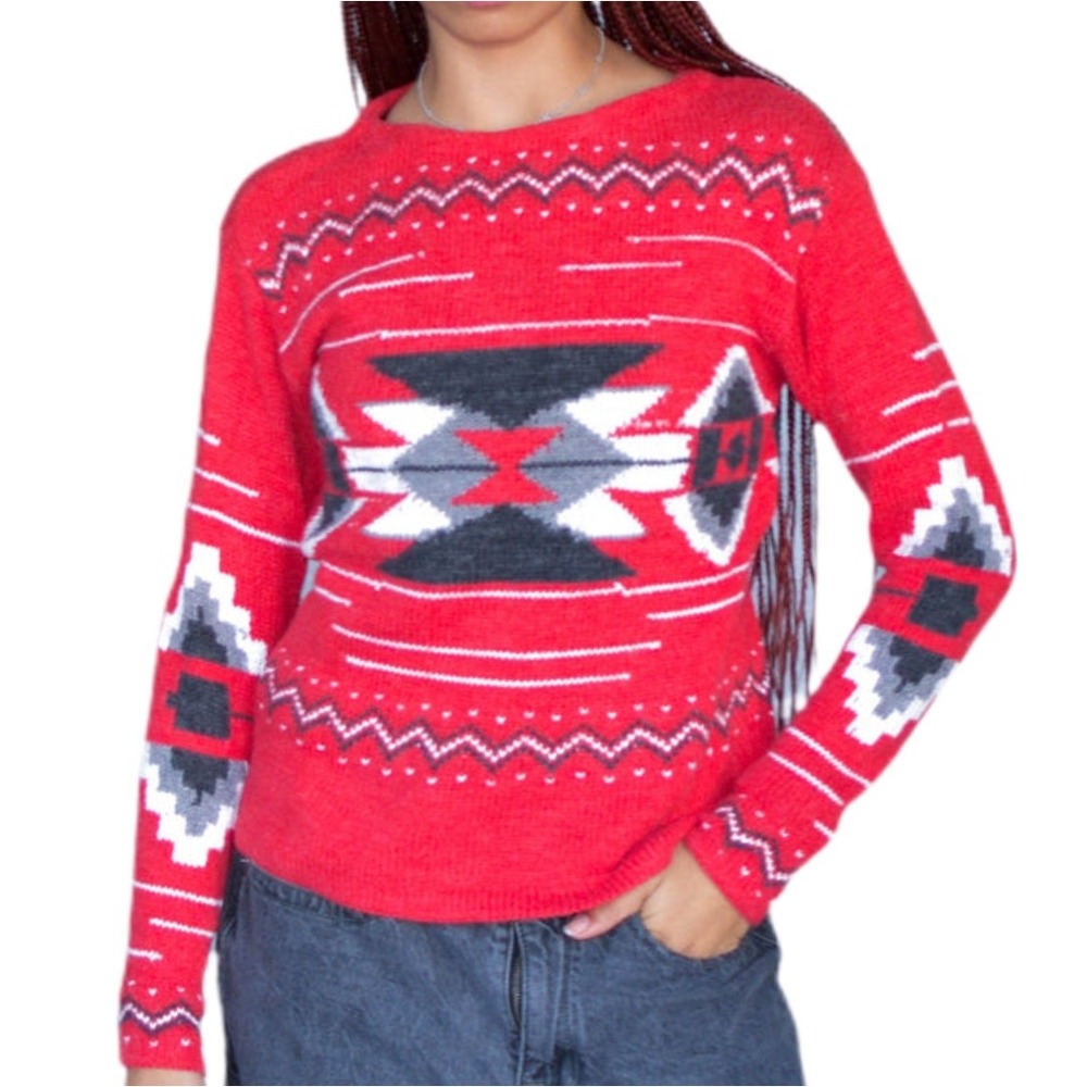 Lauren Ralph Lauren Jeans Co Y2K Red Cotton Southwest Geometric Knit Sweater M